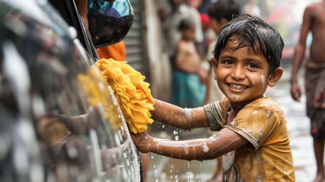 An Indian boy with a big smile washes the car, playing with foam and water on the street. Child labor in joy and carelessness