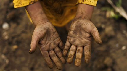 The child's hands, covered with dirt from work, symbolize hard work that does not correspond to age, causing reflections on child labor