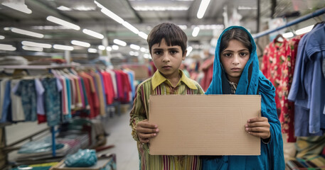 Children with a serious look on the background of a garment factory hold a sign in their hands with a place for a text calling for the end of child labor - obrazy, fototapety, plakaty