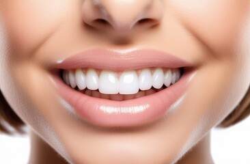 Fototapeta premium White Beautiful Teeth, Dentistry and Oral Hygiene with Woman on Neutral Background, Teeth Whitening. Dental Services, Healthcare & Veneers Women, Happy Smile
