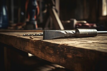 A well-used chisel resting on a rustic wooden table, with an industrial backdrop of steel beams and weathered machinery under soft, diffused light - obrazy, fototapety, plakaty