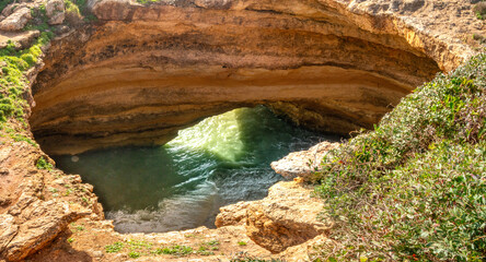 View of the famous Benagil Cave from avove, Algar de Benagil, Lagoa, Algarve, Portugal