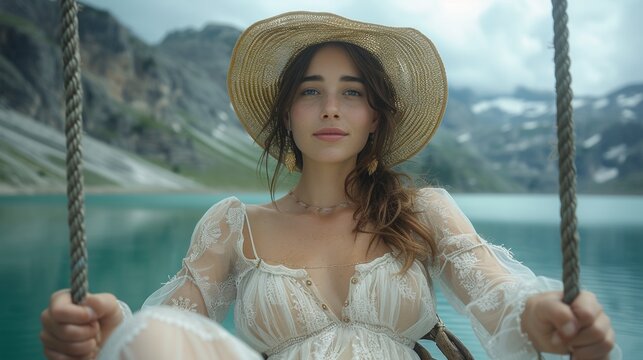 A brunette seated on a swing near a calm lake and a small town in riano in Leon, Spain, facing a gray sky and mountain range.