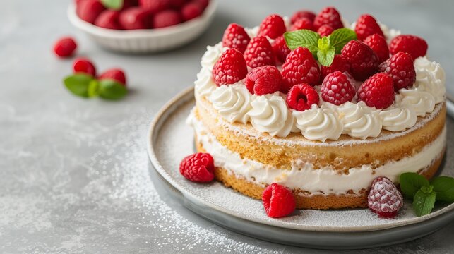 Traditional Latin American cake, tres leches cake with whipped cream and fresh raspberries on top of a gray concrete background. Copy space