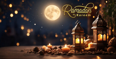ramadan kareem, illustration of arabic lantern with moon and candles, ramadan celebration background with blurred background and soft lighting.