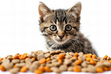Naklejka premium Cute little kitty cat standing on a pile of cat food isolated on a white background. Commercial and advertising banner with copy space.