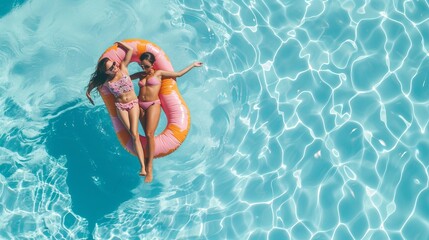 An wonderful summer vacation with a high view from above, showing a mother and her little child lounging on donut lilo in the private villa pool. - obrazy, fototapety, plakaty