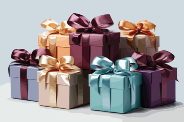 Colorful gift boxes with bows on white background.