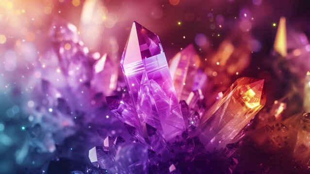 Abstract looped animation, multicolored crystal shapes, glowing, shining and sparkling. Seamless 4K video, live wallpaper, banner. Gemstone, rainbow, purple colors