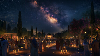 Fototapeta na wymiar Heavenly Harmony: Muslim Festival under the Milky Way