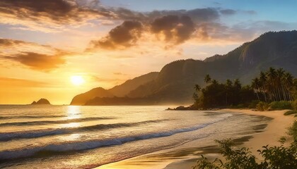 Fototapeta premium Beach and hill with beautiful sunset landscape 