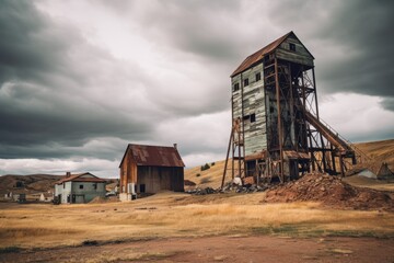 A vintage mine shaft elevator standing tall against the backdrop of a rustic industrial setting with dilapidated buildings and a cloudy sky - obrazy, fototapety, plakaty