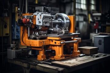 Fototapeta premium A Detailed View of a Modern Straightening Machine in an Industrial Setting, Surrounded by Metallic Parts and Tools with a Concrete Background