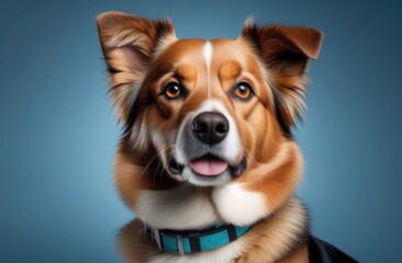 Cute dog in blue collar looking at camera,love for pets, animal life, solid color background