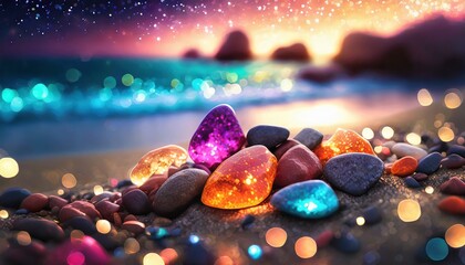 Firefly colorful light stone at beach with bokeh effect wallpaper background 