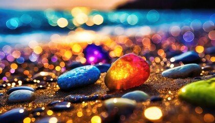 Firefly colorful light stone at beach with bokeh effect wallpaper background 