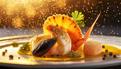 Firefly fancy seafood with slice of truffle and golden effect  - obrazy, fototapety, plakaty