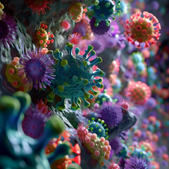 Fototapeta na wymiar Close up Many dense of virus in cells wall, scene inside of cells wall