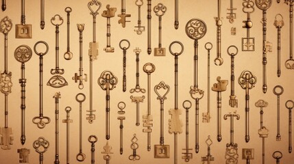  Background with antique old keys in Tan color.