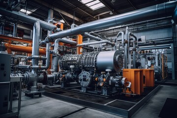 A detailed view of an engine test stand in a large industrial facility, surrounded by complex machinery and a labyrinth of pipes