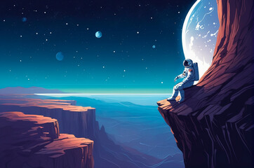 Astronaut is sitting on a sheer cliff, looking into outer space, in a vector style. Generative AI - obrazy, fototapety, plakaty