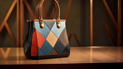 A retro-inspired patchwork tote bag for women, vintage craftsmanship, and a patchwork design, mockup, showcased against a matte clay surface - obrazy, fototapety, plakaty