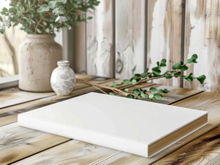 An open blank book on a wooden table with a vintage pot and greenery.
