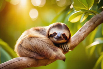 Naklejka premium Happy sloth hanging and sleeping from a tree.