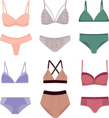 Illustration with sets of women's underwear. Vector collection of lingerie, bra and panties in flat style 