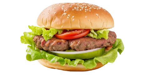 Transparent Closeup of juicy Pulled beef burger with tasty cutlet slices of tomatoes lettuce hamburger with bread, tomato and cucumbers between soft roasted buns in restaurant isolated on a background