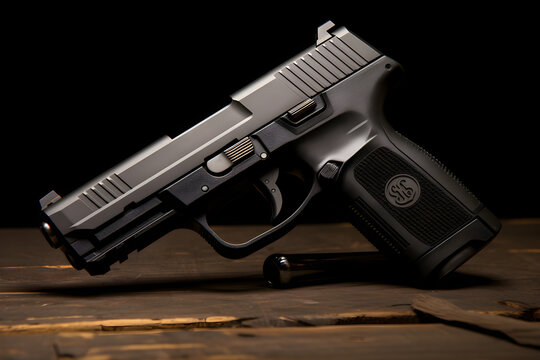 Professional Stock Photography of FN 509 Compact Firearm Displayed on a Wooden Platform