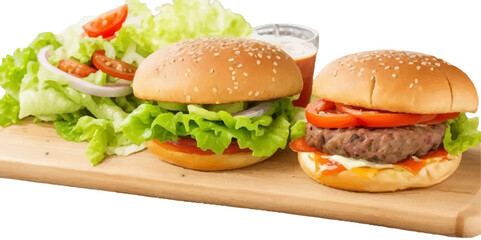 Transparent Closeup of juicy Pulled beef burger with tasty cutlet slices of tomatoes lettuce hamburger with bread, tomato and cucumbers between soft roasted buns in restaurant isolated on a background