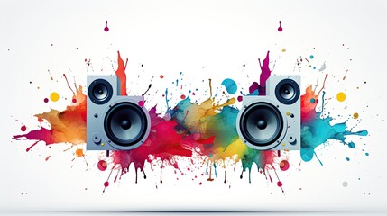 a minimalist flat 2D vector style speaker on the left side of a widescreen canvas, with a few simple geometric music notes emerging from it and floating across to the right, creating a dynamic flow of