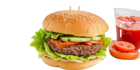 Transparent Closeup of juicy Pulled beef burger with tasty cutlet slices of tomatoes lettuce hamburger with bread, tomato and cucumbers between soft roasted buns in restaurant isolated on a background