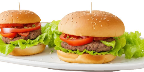 Transparent Closeup of juicy Pulled beef burger with tasty cutlet slices of tomatoes lettuce hamburger with bread, tomato and cucumbers between soft roasted buns in restaurant isolated on a background