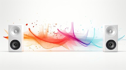 a minimalist flat 2D vector style speaker on the left side of a widescreen canvas, with a few simple geometric music notes emerging from it and floating across to the right, creating a dynamic flow of