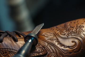 carving details into a leather shoe with a swivel knife