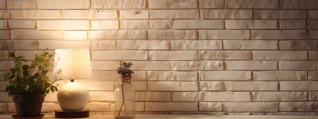 The wall in the room where the flower pots and lamps are placed is made of ivory-colored bricks and is intended to be used as a banner.