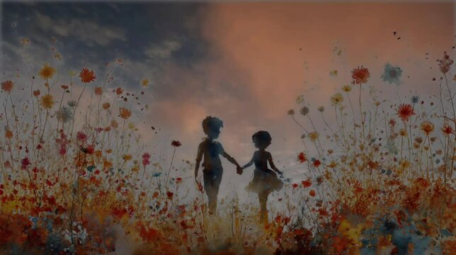 Kids hand in hand in flower garden at sunset. Seamless looping time-lapse 4k video animation background