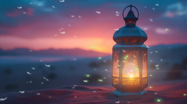 Lantern in the evening with fireflies and flying furs. Seamless looping time-lapse 4k video animation background