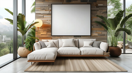 Living room : Modern creative living room interior design backdrop ideas concept house beautiful background elevation of sofa with decorative photo paint frame full wall backgroung. - Powered by Adobe