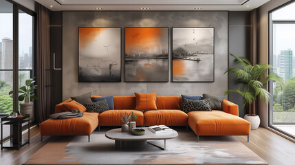 Living room : Modern creative living room interior design backdrop ideas concept house beautiful background elevation of sofa with decorative photo paint frame full wall backgroung.