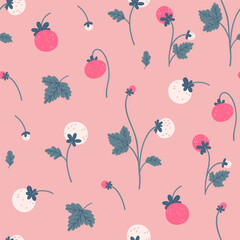 Fototapeta premium Seamless pattern with strawberries growing in the garden in pink colors. Vector graphics.