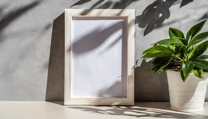 enhancing the mockup overlay in a horizontal, two vertical sheets of textured white paper against a soft gray table background. the natural light creates subtle shadows from an with leaves on table