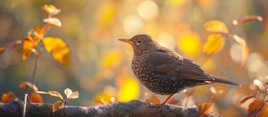 Majestic bird perching on a colorful branch during autumn season in the forest