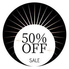 50% off sale written on a white circle with two stars and, in the background, sunshine and a black circle.