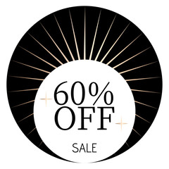 60% off sale written on a white circle with two stars and, in the background, sunshine and a black circle.