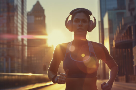 Young woman with big headphones jogging over blurred city urban background early morning, daily routine student female, healthy habit for adult, running workout sunrise, wear sportswear for sportsman.