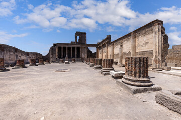 Ruins of an ancient city destroyed by the eruption of the volcano Vesuvius, forum with Basilica,...