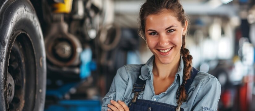 Confident female mechanic standing next to a tire in uniform at auto repair shop